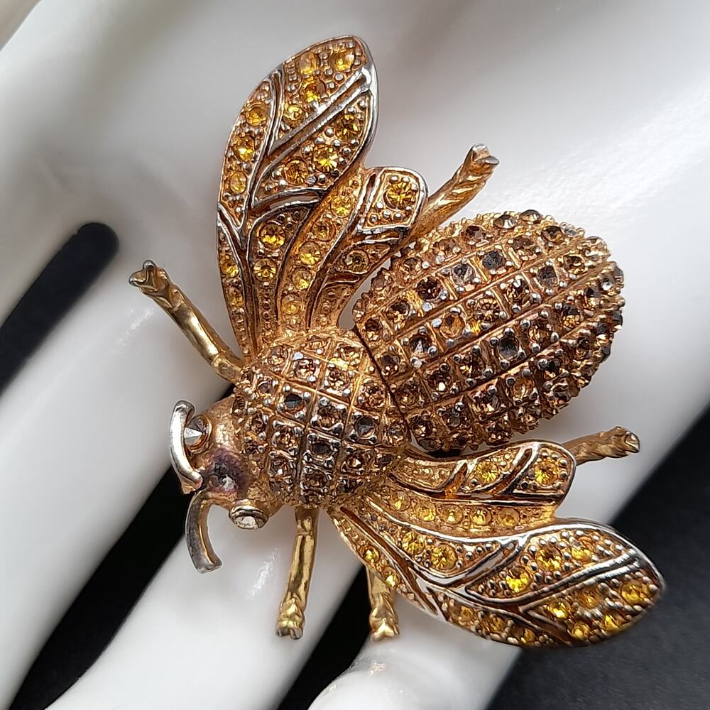 Vintage Bee Insect Brooch, Topaz Rhinestones, Gold Tone, Distressed